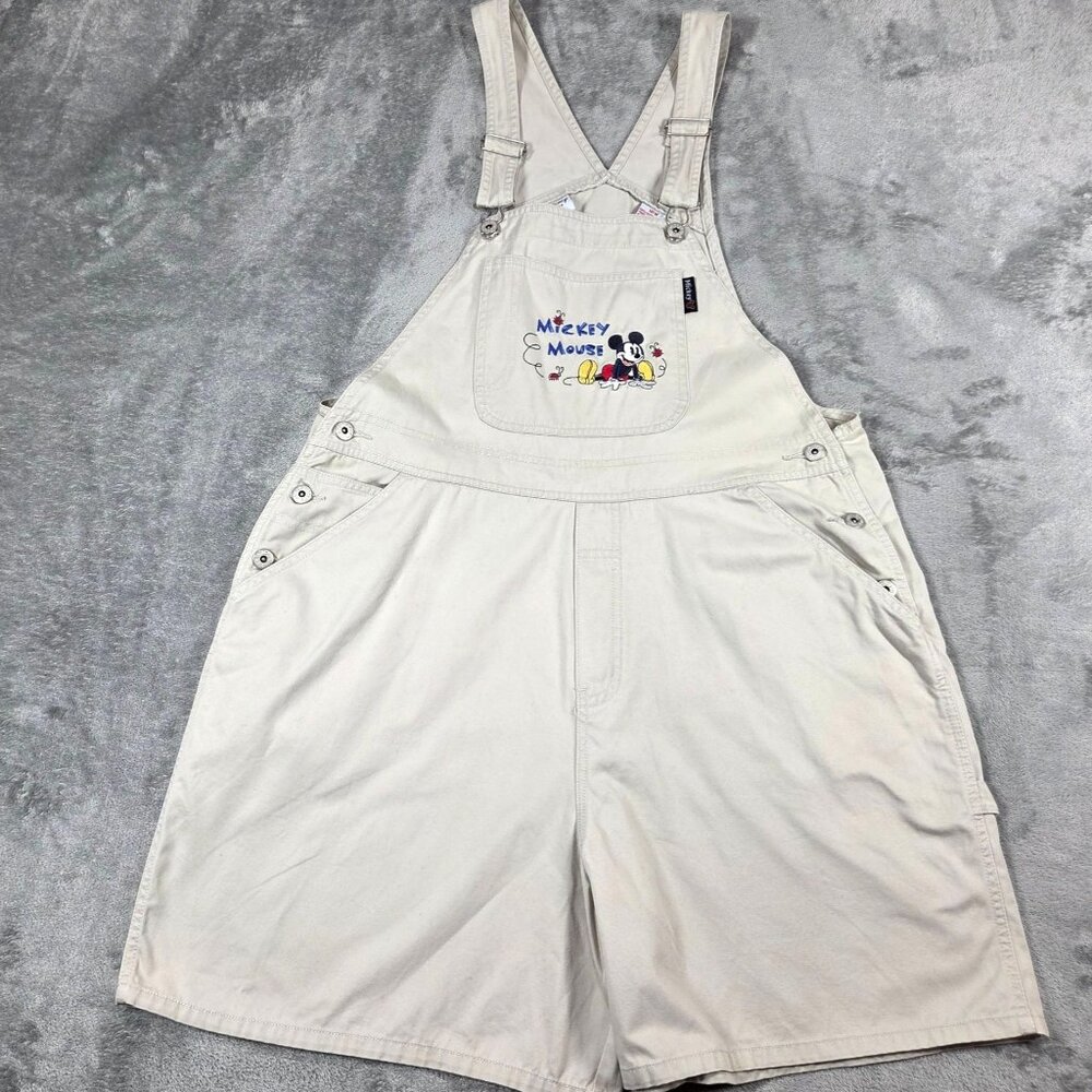 Vintage Disney Plus Overalls Womens 16W Beige Bibs Shortalls Mickey Mouse Shorts